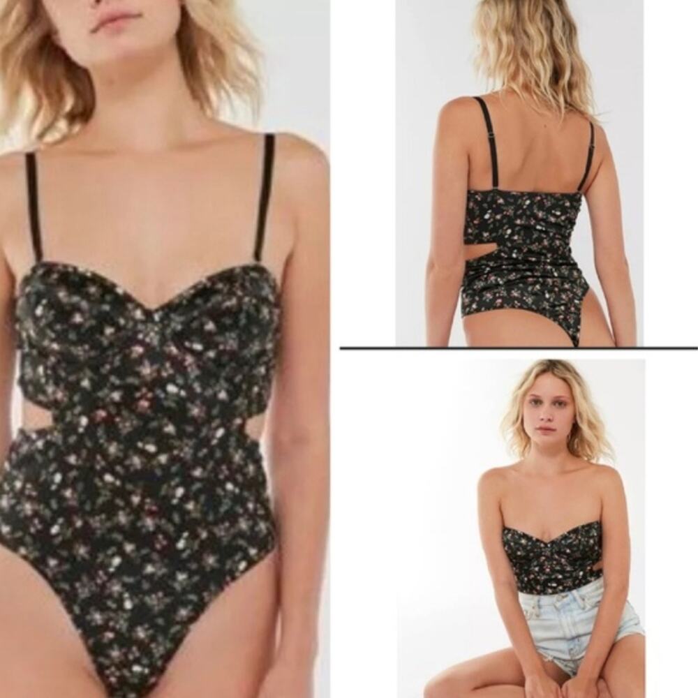 Out From Under Urban Outfitters Floral Bustier Bodysuit Cutout Black Small Rave